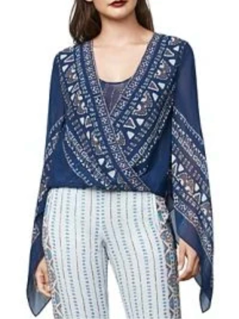 BCBGMaxazria Silk Boho Faux Wrap Handkerchief Blouse - Picture 2 of 11